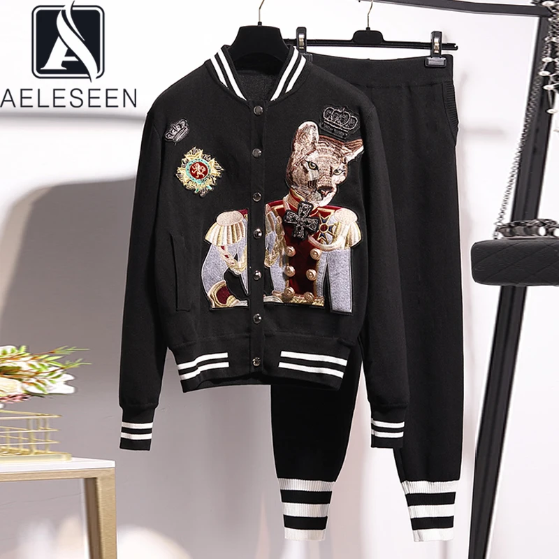 

AELESEEN Casual Women Set Autumn Long Sleeve Beading Cartoon Jacket +Pant Set Loose Streetwear Tracksuit Famale Tracksuit
