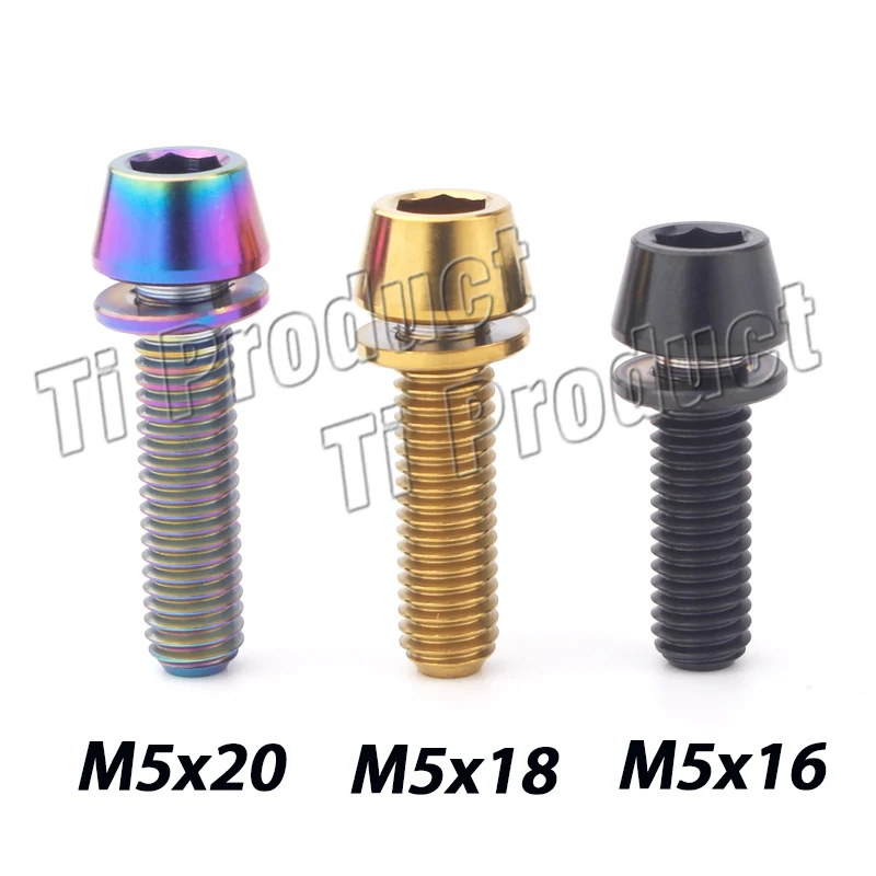 

6/ 12/ 24pcs Titanium Bolt M5X16 M5X18 M5X20mm Cone Head with Gasket Washer Bicycle Stem Screws Titanium Stem Bolts