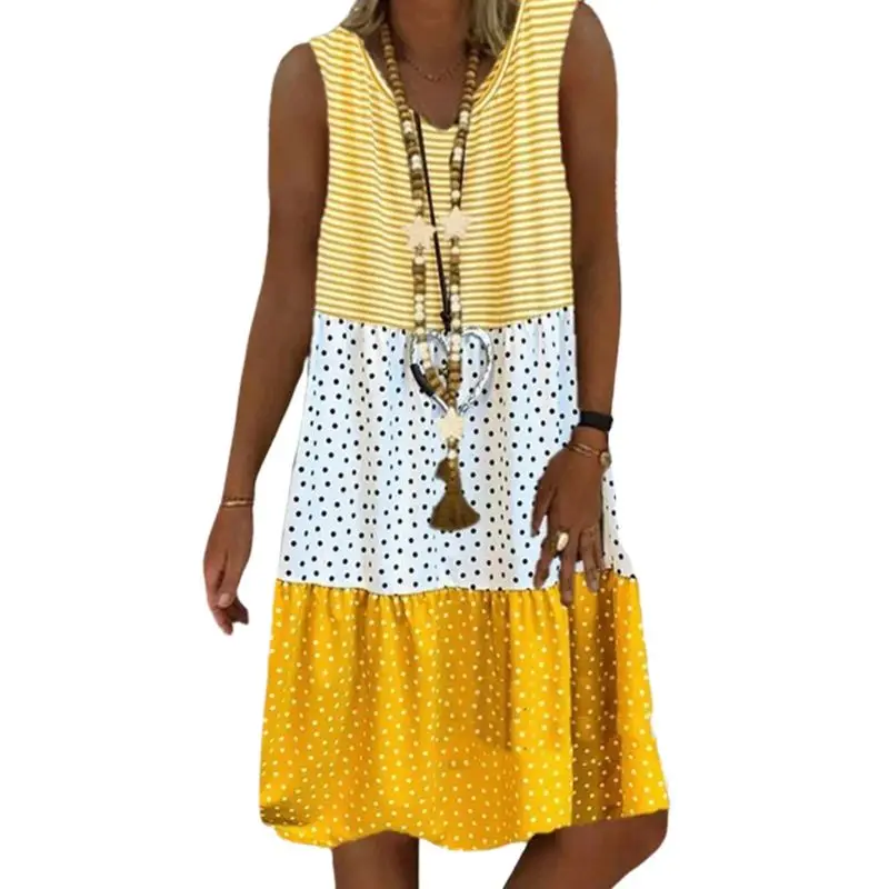 

Women Plus Size Summer Sleeveless V-Neck Loose Midi Long Tank Dress Stripes Polka Dot Triple Color Block Patchwork Beach BX0A