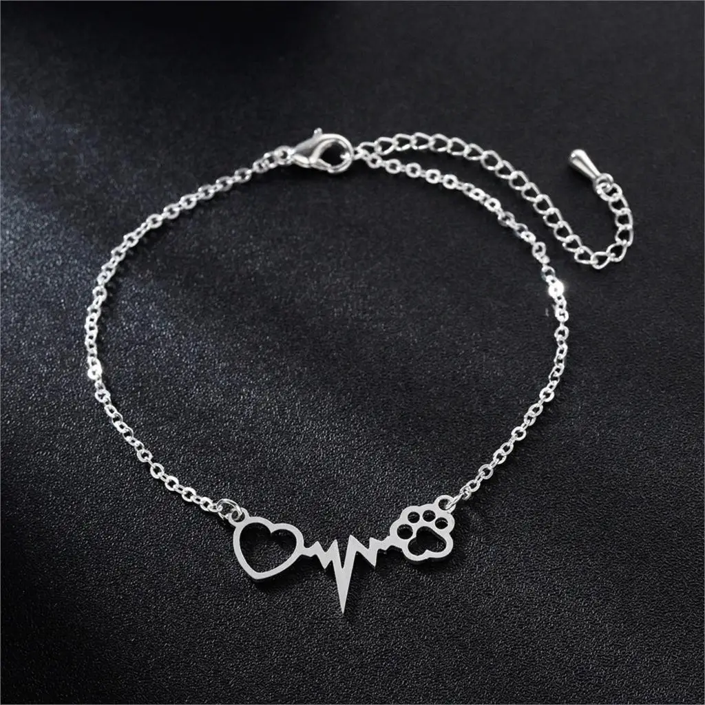 

Kinitial New Heartbeat Dog Cat Paw Bracelets for Women Wrist Bangles Gifts For Nurse Doctor Jewelry Friendship Heart Bracelet