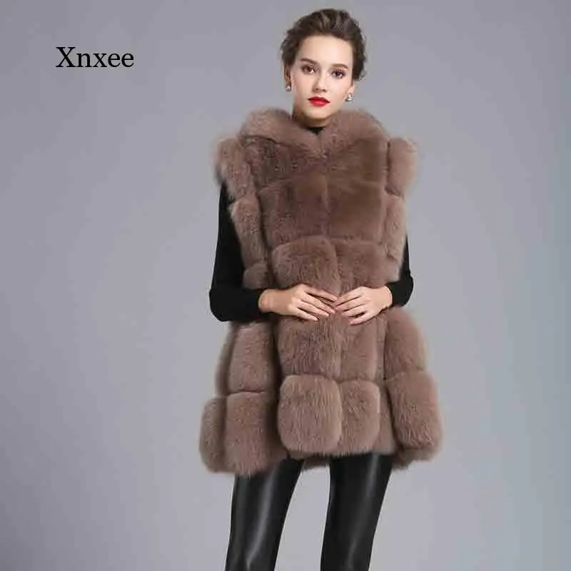 Hooded Fox Fur Vest Winter Coat Women Thick Faux Fur Tank Middle-Long Paragraph A Word Big Pendulum Gilet Veste Clothing Tops