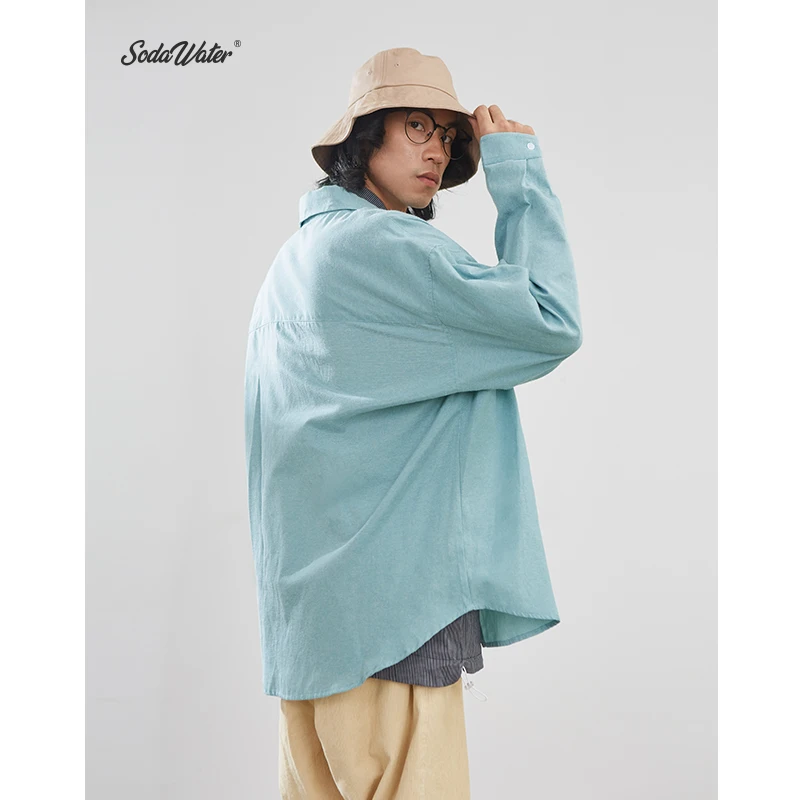 SODAWATER Men Vintage Shirt Japan Style Loose Solid Autumn Streetwear Casual Front Pocket Long Sleeve Tops 92134W | Мужская одежда