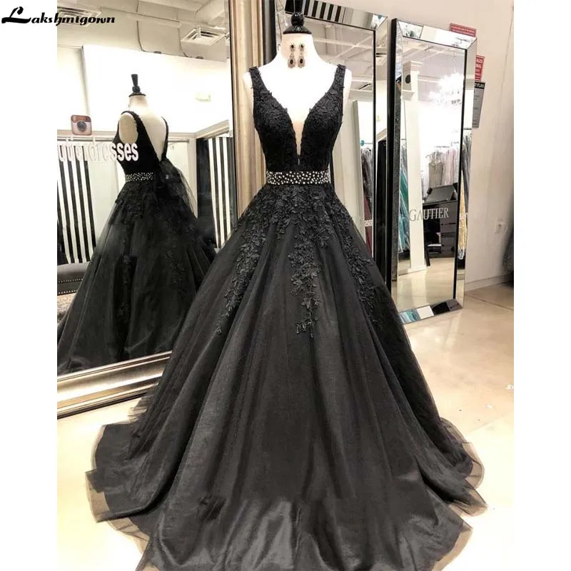 

Modern Black Evening Dresses Crystal Sash Lace Applique Tulle Custom Made A Line Women Formal Gowns Long 2020 Prom Dresses