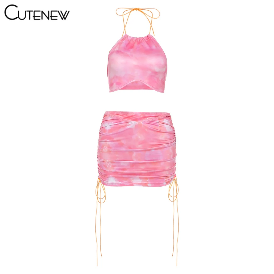 

Cutenew Summer Sexy Camisole And Mini Skirt Two Piece Set Women 2021Summer New Street Club Vacation Beach Wear Casual Skirt Suit