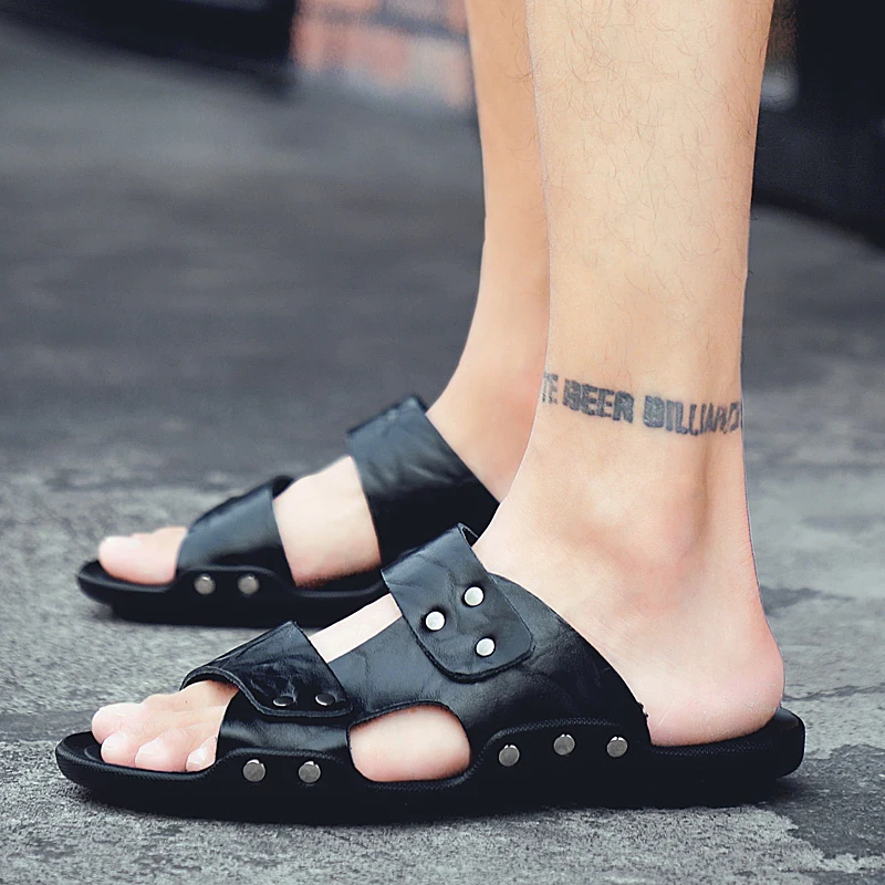 

men flat sandals genuine Leather Flip Flops outdoor Classic Roman Beach Slipper shoes men Casual non-slip Sandals men