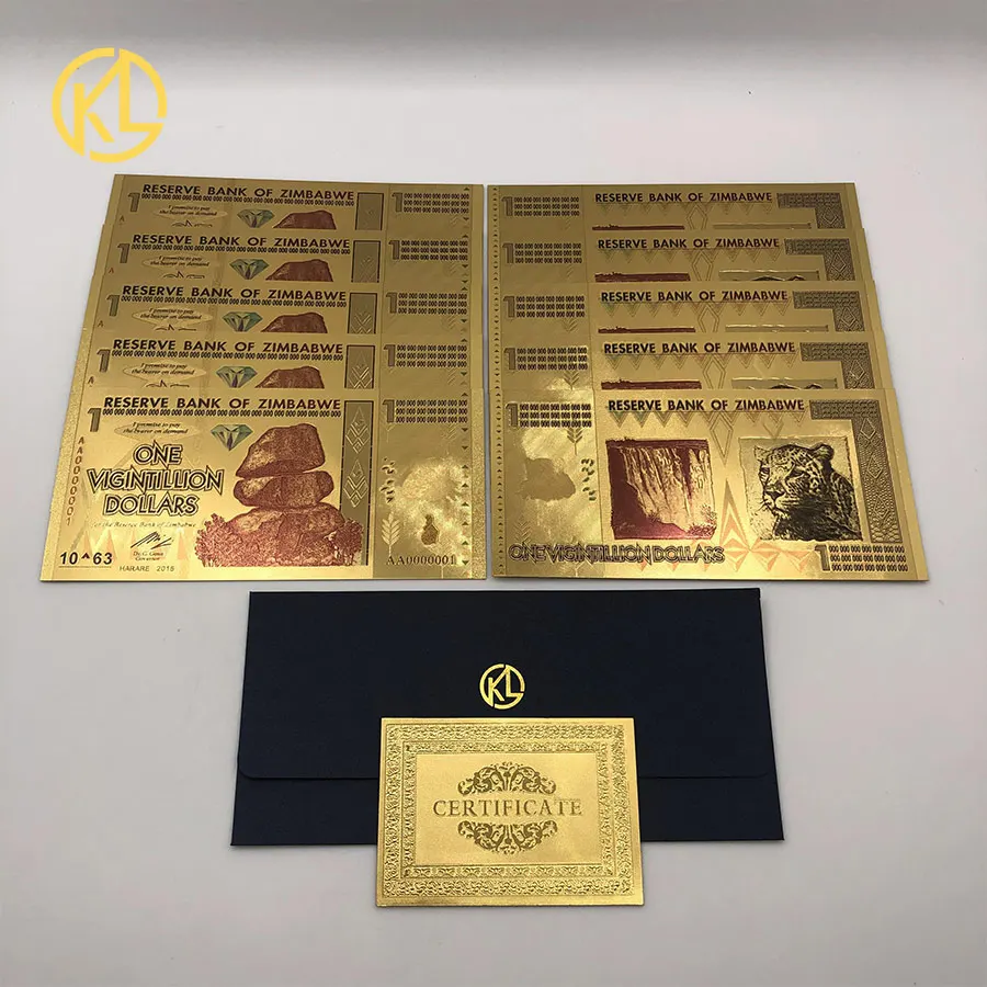 10 шт. билет для банкнот из Зимбабве под золото 24 карата|Золотые банкноты| |