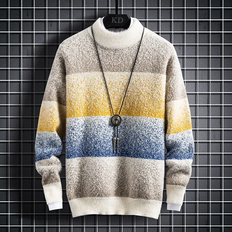 

New Winter Top Quality Cashmere Sweater Men Fashion Striped Male Jumpers Half Turtleneck Thick Warm Mens Pullovers Sweaters Tops