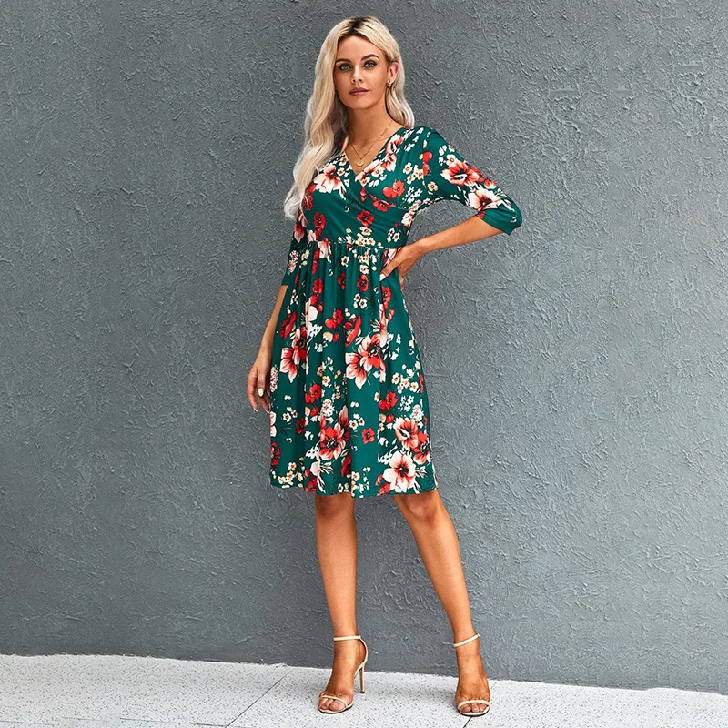 

Sexy Dress Women Spring and Autumn Floral High Waist Three-quarter Sleeves V-neck Waist Skirt Exotic Dresses Feminine Clothing