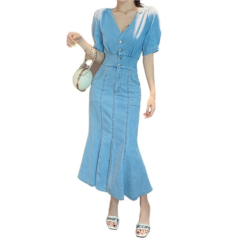 

2021 Соблазнительные босоножки в винтажном стиле; Платье из джинсовой ткани женские русалки, с v-образным вырезом, тонкий длинный Разделение Э...