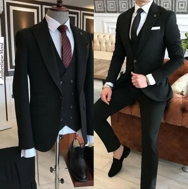 

2021 Black Men Suits 3 Pieces Best Man Jacket Terno Slim Costume Homme Formal Groomsmen Groom Tuxedos Wedding Suits For Men