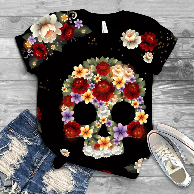 

New Fashion Harajuku Women's Trendy Street T-shirt Skull Print Short Sleeve Large Size Top O-Neck Tee