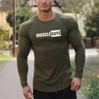 Футболки MUSCLEGUYS с принтом, из 100% хлопка, для осени и весны, повседневные, с длинным рукавом, топы для бодибилдинга