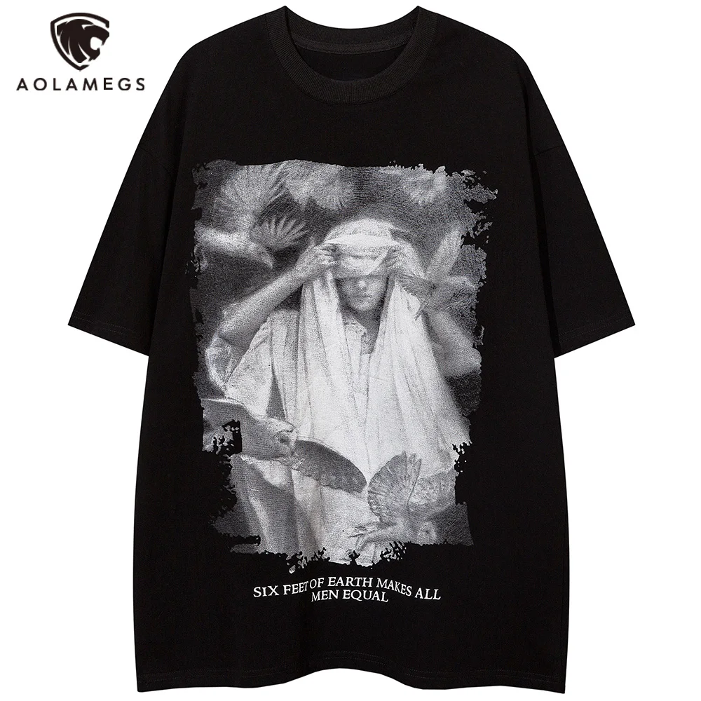 

Aolamegs T-shirt Men Ancient Culture Bird Print Tops Tee Couple Casual Fashion High Street Vintage Oversized Men Clothing Summer