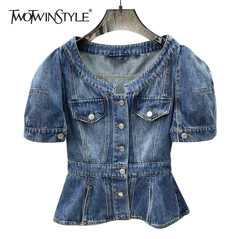 

TWOTWINSTYLE Vintage Solid Denim Shirt For Women O Neck Puff Short Sleeve Patchwork Slim Blouses Females Summer Fashion 2021 New
