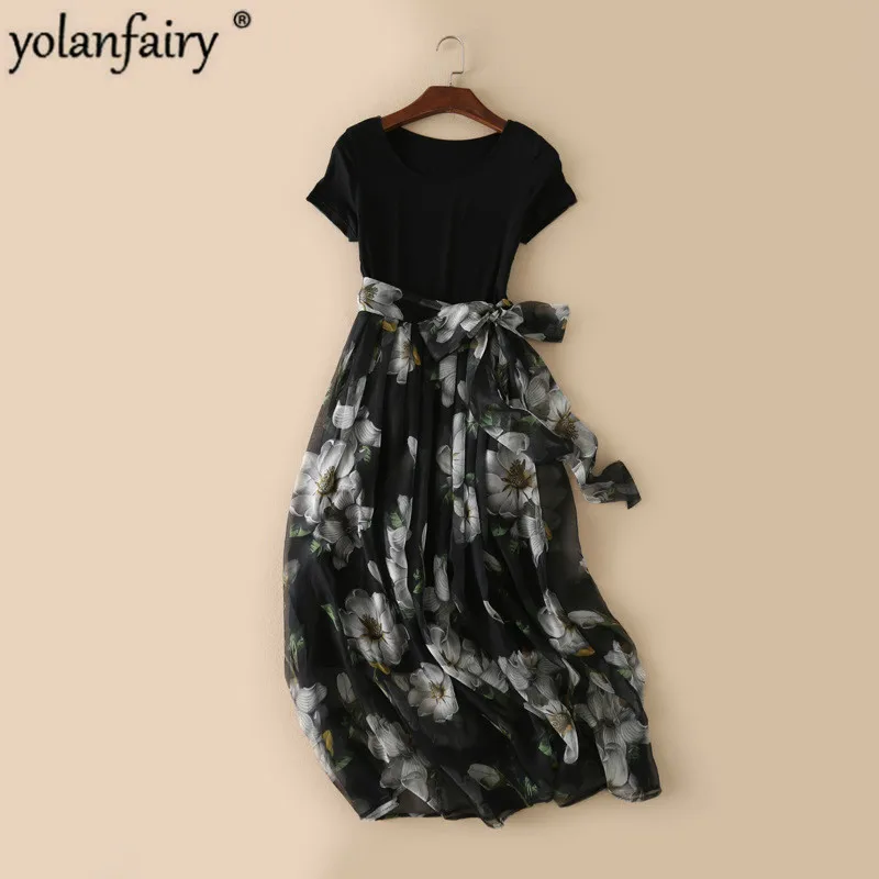 

Черное летнее женское платье с цветочным рисунком, элегантные платья миди для женщин, модные женские платья с круглым вырезом, новинка 2020, п...