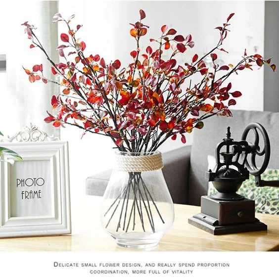 

Simulation Green Plants, Small Red Feel Leaves, Home, Garden Flower Arrangement, Banquet Background Wall Decoration Green Plants