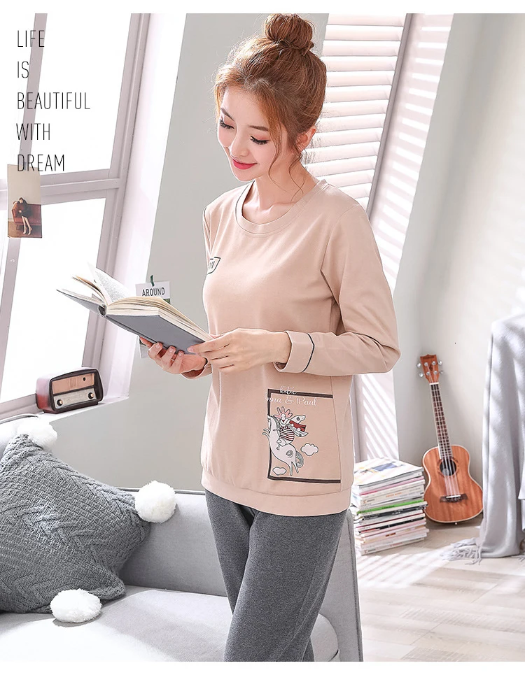 Пижамные комплекты для женщин с круглым вырезом Pijama Mujer пижама с длинным рукавом весенняя Хлопковая пижама Femme Повседневные наборы пижам комплект из двух предметов