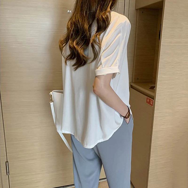 

2021 Summer Shirts Women Blouses Casual Solid Turndown Collar Short Sleeve Office Lady Buttons Tops Clothing Female Blusas