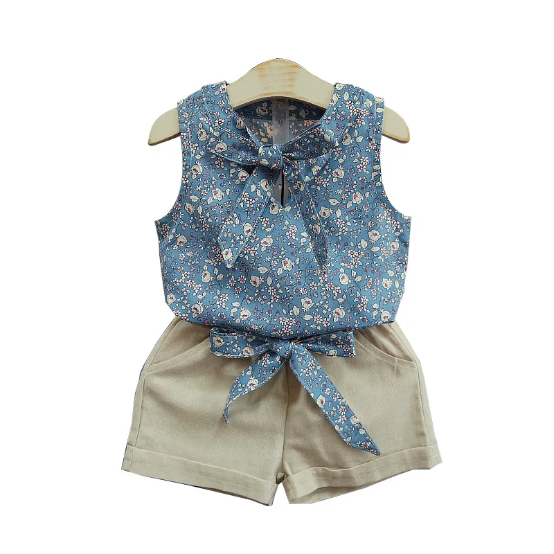 

2020 New Arrivals Summer Children Sets Sleeveless Print Floral Bow Tops Solid Shorts Casual 2Pcs Girls Clothes Sets 2-7T