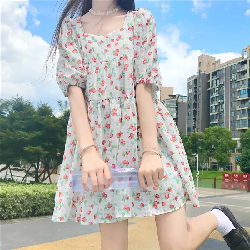 

2021 Japanese Preppy Style Summer Women Mini Dress Square Collar Sweet Strawberry Baggy Dress Puff Sleeve Cute Kawaii Girl Tunic