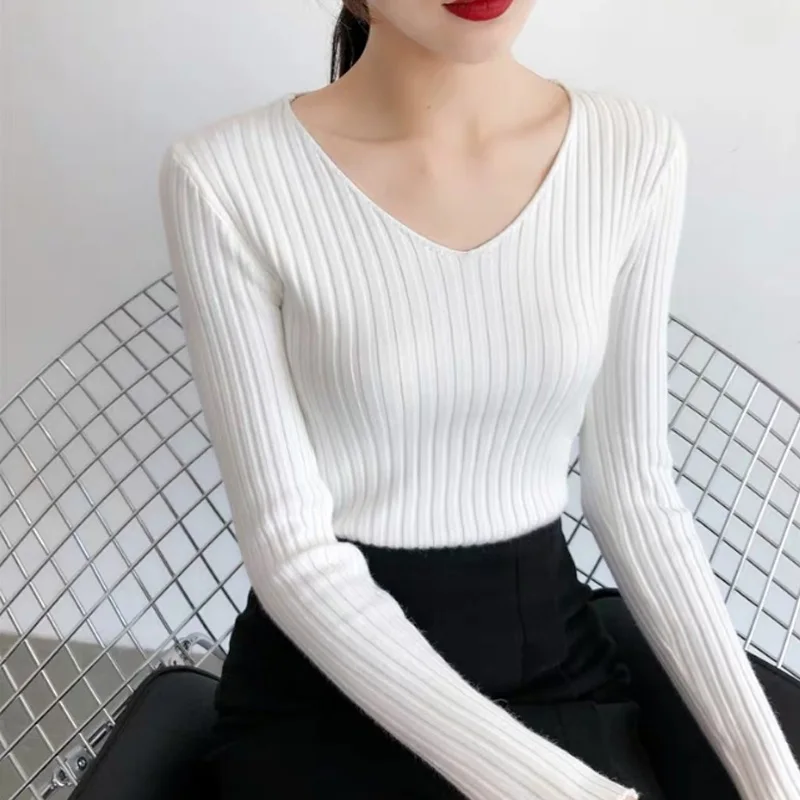 

Hot Sale V-neck Sweater 1PC Pullover Sweater Long Sleeve Knitted Women Solid Tops Autumn Winter Female Slim Basic Clothes
