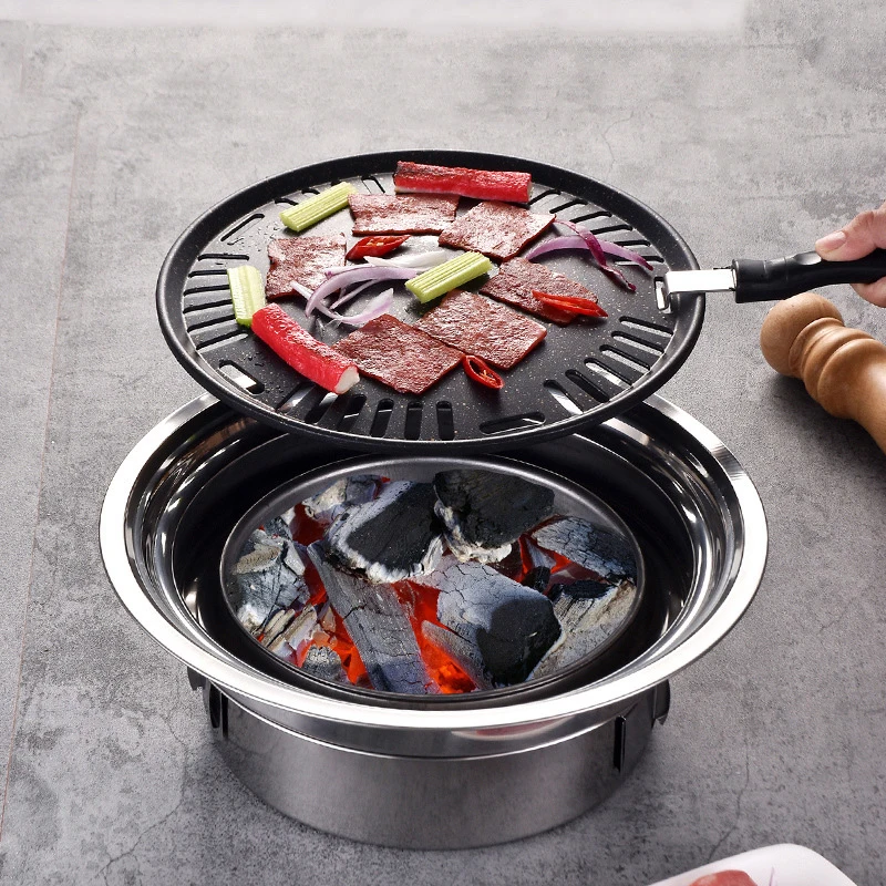 Household Stainless Steel Korean Charcoal Oven Commercial round Non-Stick Barbecue Oven Outdoor Camping Portable Charcoal Stove