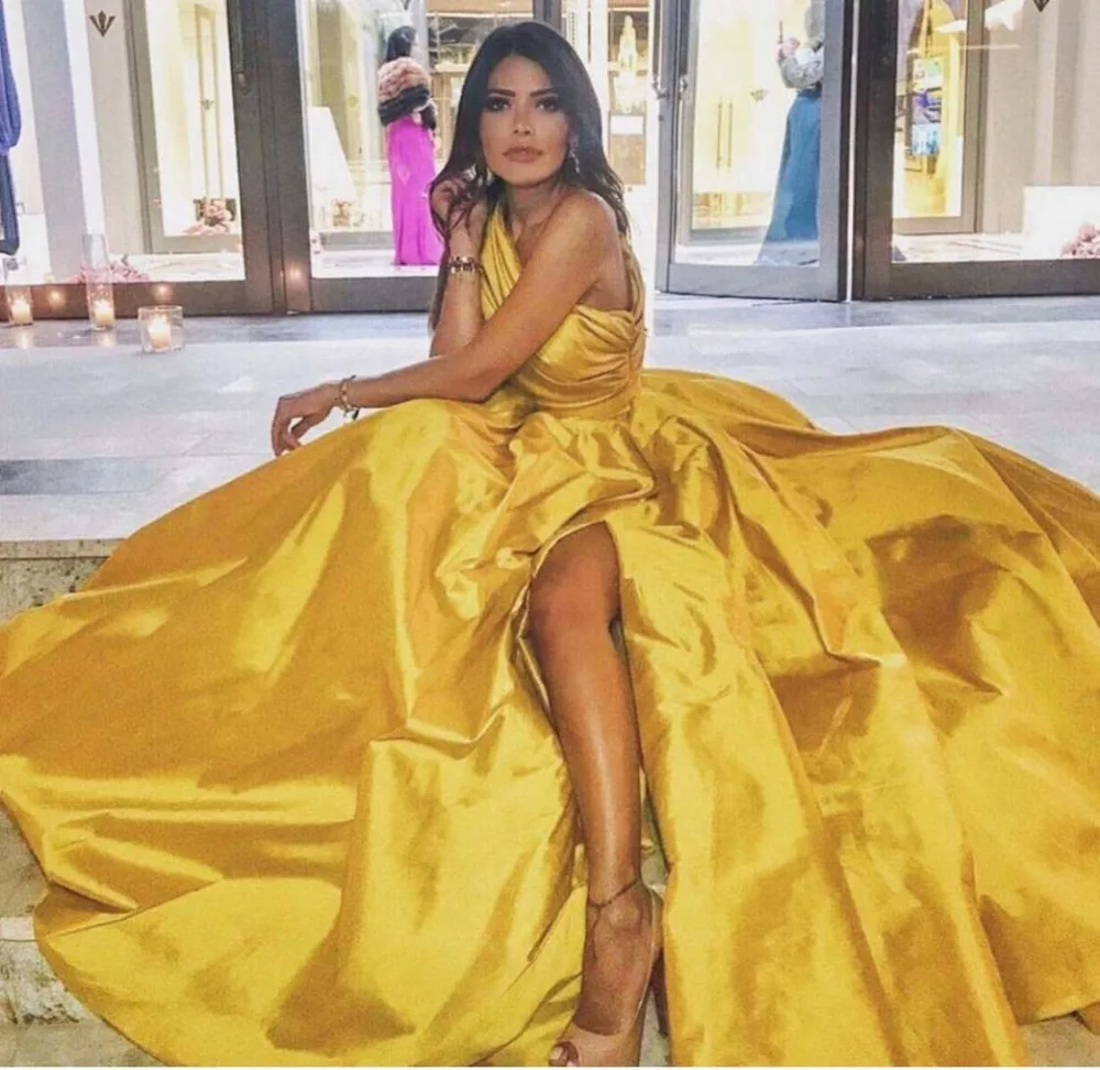 

Vestido de festa longo Elegant Evening Dresses a line abiye Custom made Gold Formal prom Dress Pleats Sleeves robe de soiree