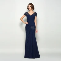 affordable elegant navy blue beaded short sleeve mother of the bride dresses chiffon v neckline wedding party gowns back out