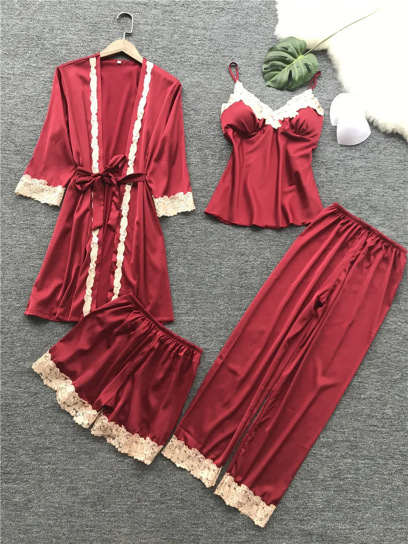 BZEL, атласная Шелковая пижама, Женский Пижамный костюм, сексуальная домашняя пижама, женская пижама, набор длинных брюк, халат, пижама из четырех частей
