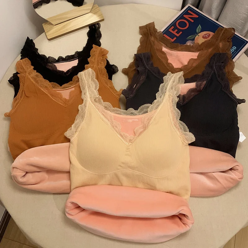 Close fitting warm vest women's autumn winter Plush thickened heating underwear with breast pad bottom shirt Rac | Женская одежда