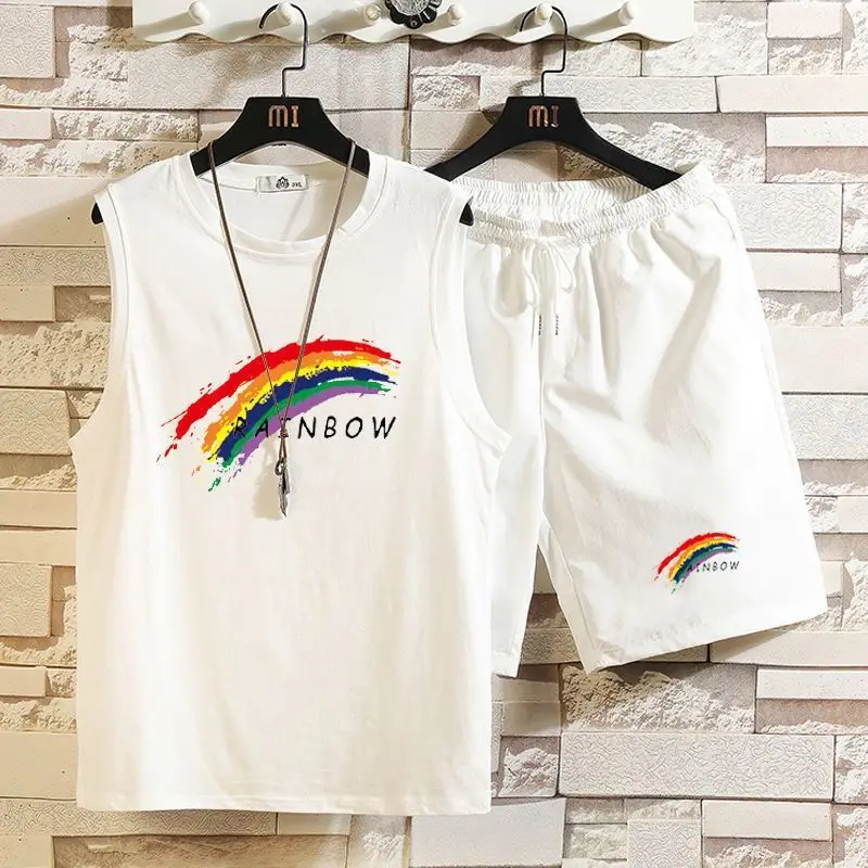 

2021 fashion printed rainbow T-shirt shorts suit men's summer sportswear + shorts suit beach men's casual T-shirt suit sportswea
