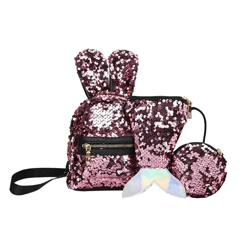 New Fashion Mini Shining Sequins School Backpack Women Rabbit Ears Rucksack Cartoon Label Purse Zipper Shoulder with Small Bag - Цвет: Розовый
