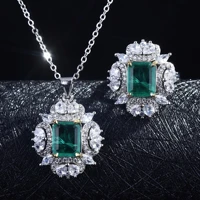 vintage silver color square synthetic emerald stone pendant neckalces earrings rings set wedding fine jewelry sets for women
