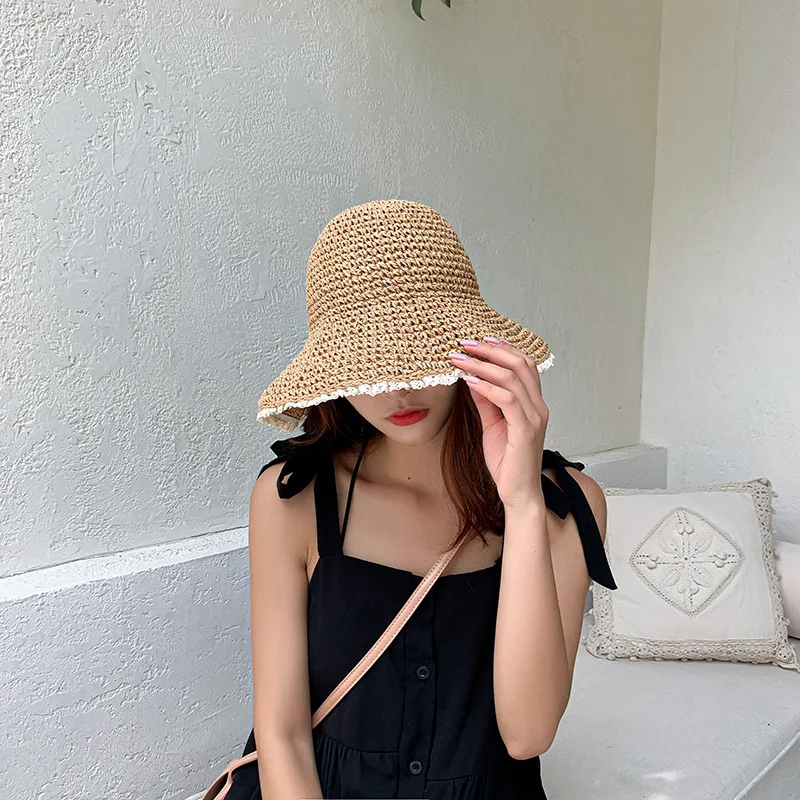 

Summer Women Bucket Hat Hand Made Straw Hats Crochet Arge Length Hollowed Sunshade Folding Women Sun Hat Outdoor Caps