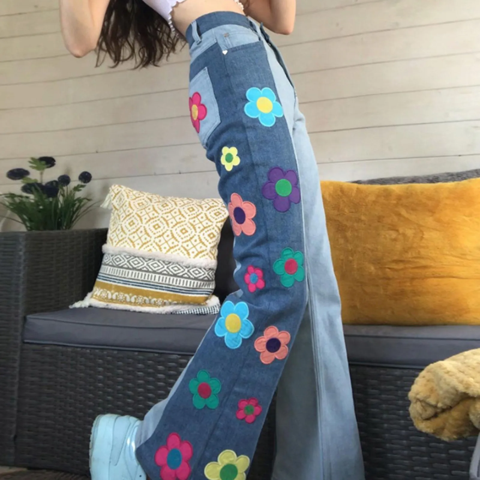 

Women'S High Waist Casual Denim Trousers 90S Color Block Stitching Retro Straight Flared Pants Loose Street Jeans For Girls
