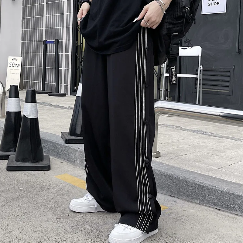 

Повседневные свободные брюки в Корейском стиле Харадзюку, однобортные блестящие комбинезоны с высокой талией и эластичным поясом, черные б...