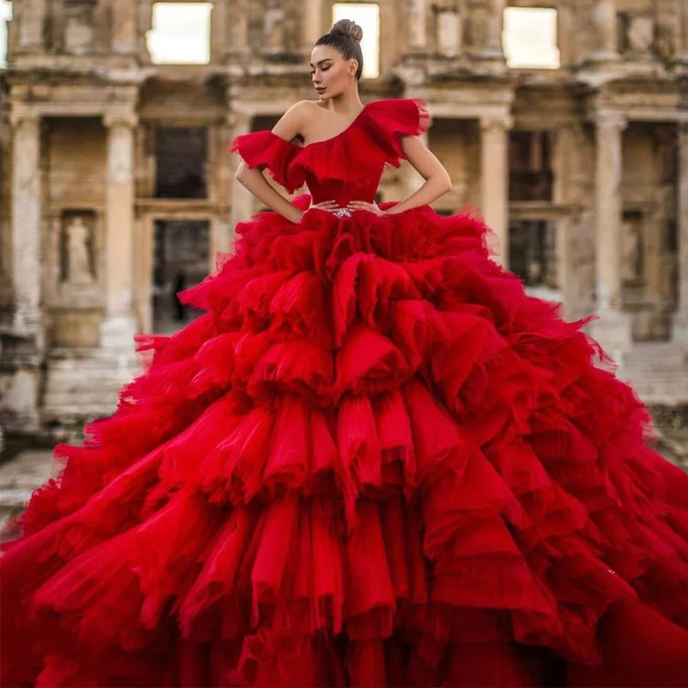 Великолепное красное платье принцессы с оборками, бальное платье на одно плечо с открытой спиной, свадебные платья, женское платье