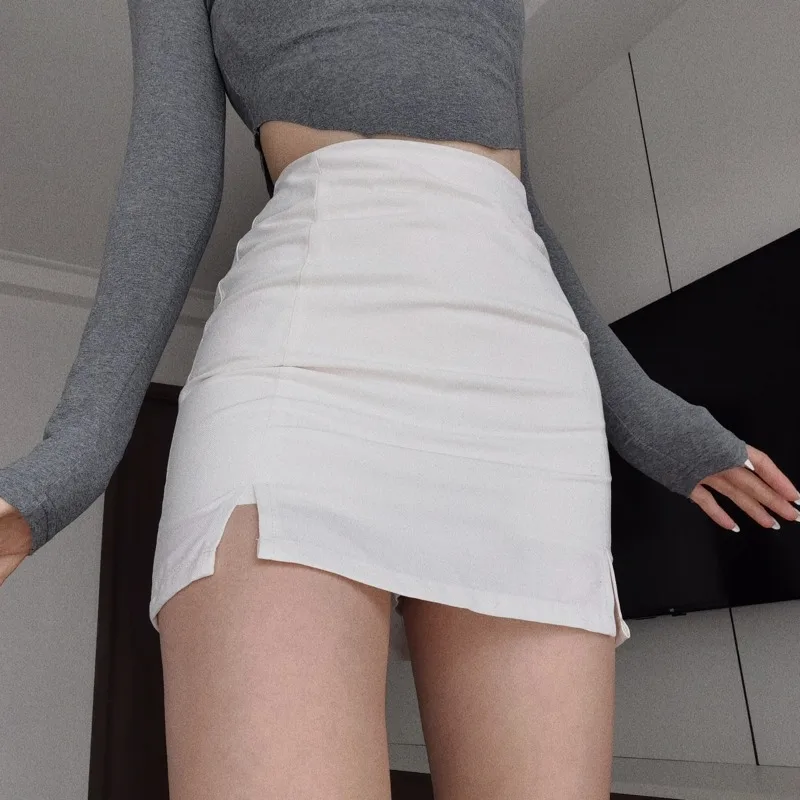 Мини-юбка женская облегающая однотонная с высокой талией и разрезом | Женская