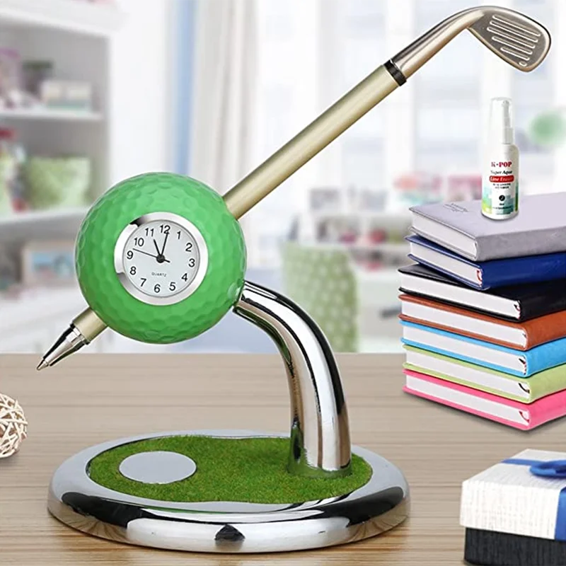 

Desktop Mini Golf Pen Holder with Clock Simulation Golf Stationery Table Ornament Golf Souvenir Gift for Office Home A1