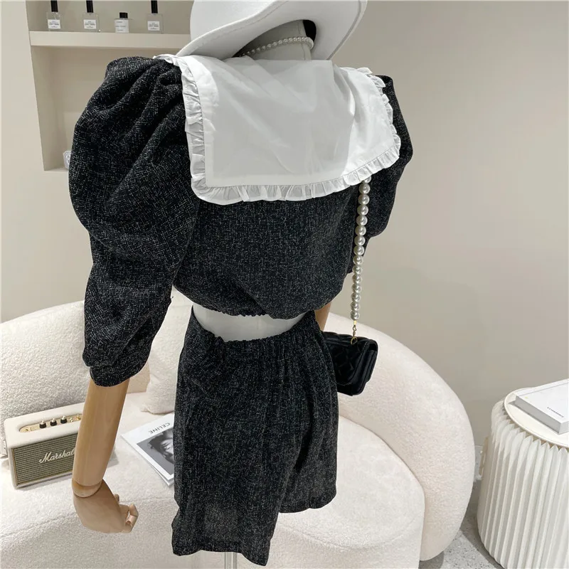 

Summer Sweet doll collar single-breasted crop top + high waist A-line shorts suit women's new two piece sets 2021