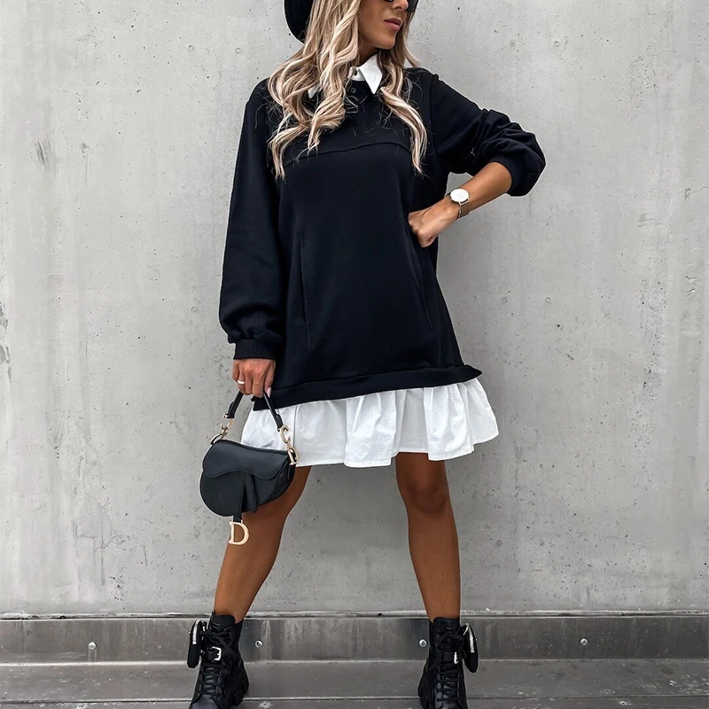 

Elegant Women Patchwork Solid Color Ladies Long Sleeve Casual Vestidos Mini Dress Autumn Vintage Turn-down Collar Button Dresses