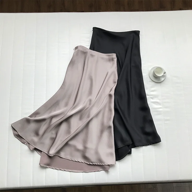 

HStar Autumn Women High Waist Satin Skirt Lady Metallic Color Skirt Female Shiny Silk Imitation Ankle length Skirt