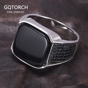 Гарантированно 925 пробы серебряные кольца античные турецкие кольца ювелирные изделия для мужчин с квадратными черными натуральными камнями простой дизайн