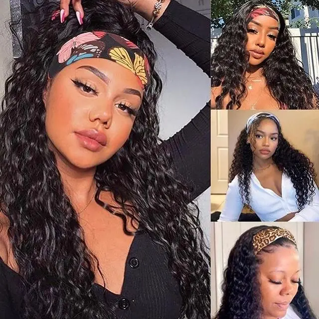 

Yavida Malaysian Water Wave Headband Wigs Curly Human Hair Wig For Black Women 150% Density Machine Made Hair Headband Scarf Wig