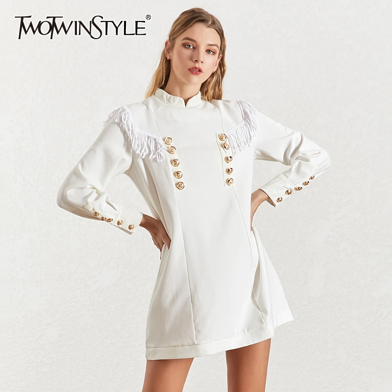 Женское платье с кисточками TWOTWINSTYLE Осеннее двубортное воротником стойкой и