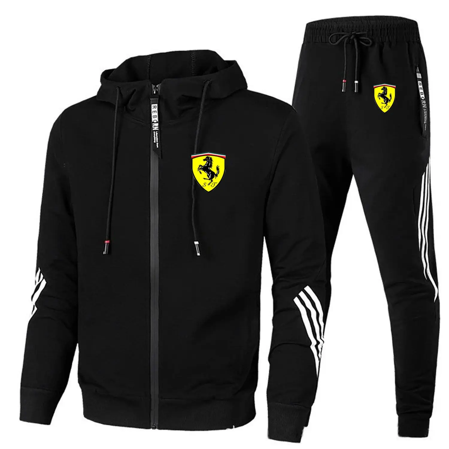 

2021 New Men's Sweatshirt Zipper Hoodie + Pants Two Pieces Casual Ferrari Logo Print Sportswear Men's Sportswear Gym Set