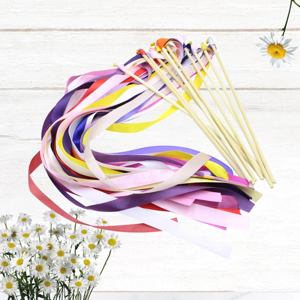 

12PCS Fairy Sticks Colorful Ribbon Fairy Wand Ribbon Streamers Wands with Bells Lawn Party Decor for Wedding Birthday Decor