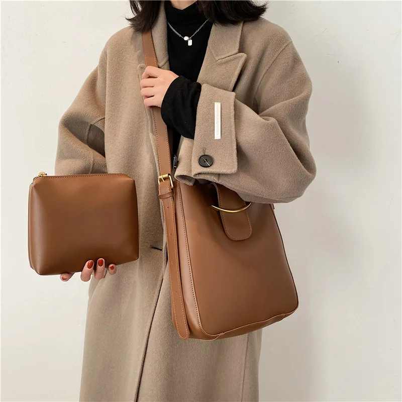 

2 Pcs/set Vintage Simple New Desing PU Leather Bucket Crossbody Bags for Women 2021 Designer Lady Luxury Shoulder Handbags
