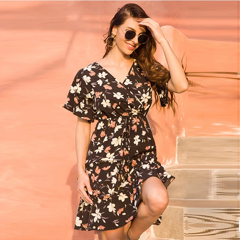 

New Casual Print Dress Women Short Sleeve V Neck Lace Up Ruffles Slim Dress Ladies High Waist Spring Summer Mini Print Dresses