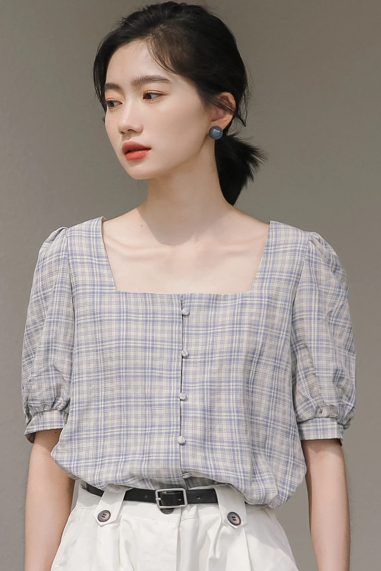 

2021 summer French square collar shirt single-breasted literary retro plaid short temperament top women